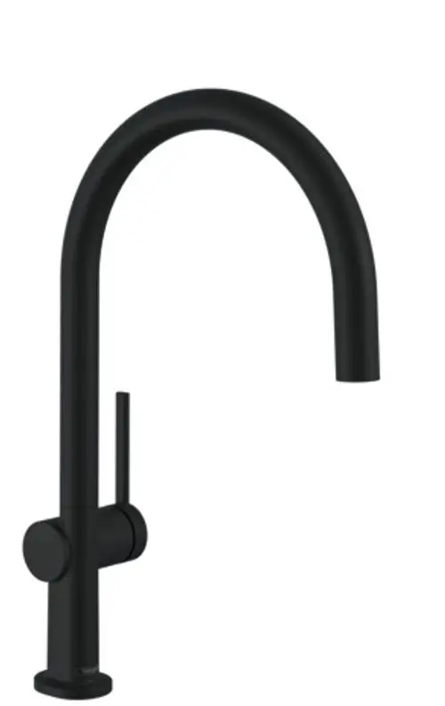 Spültischmischer in mattschwarz von Hansgrohe mit geschwungenem Auslauf und seitlichem Hebelmischer. Ideal für moderne Küchen.